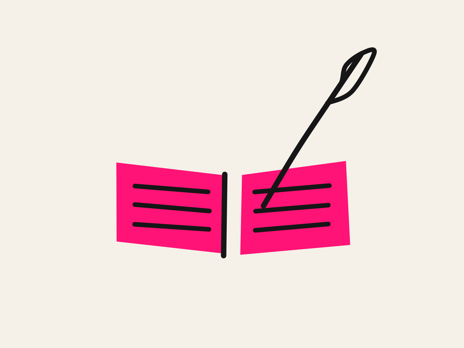 A pink open book with a black quill, representing English teachers