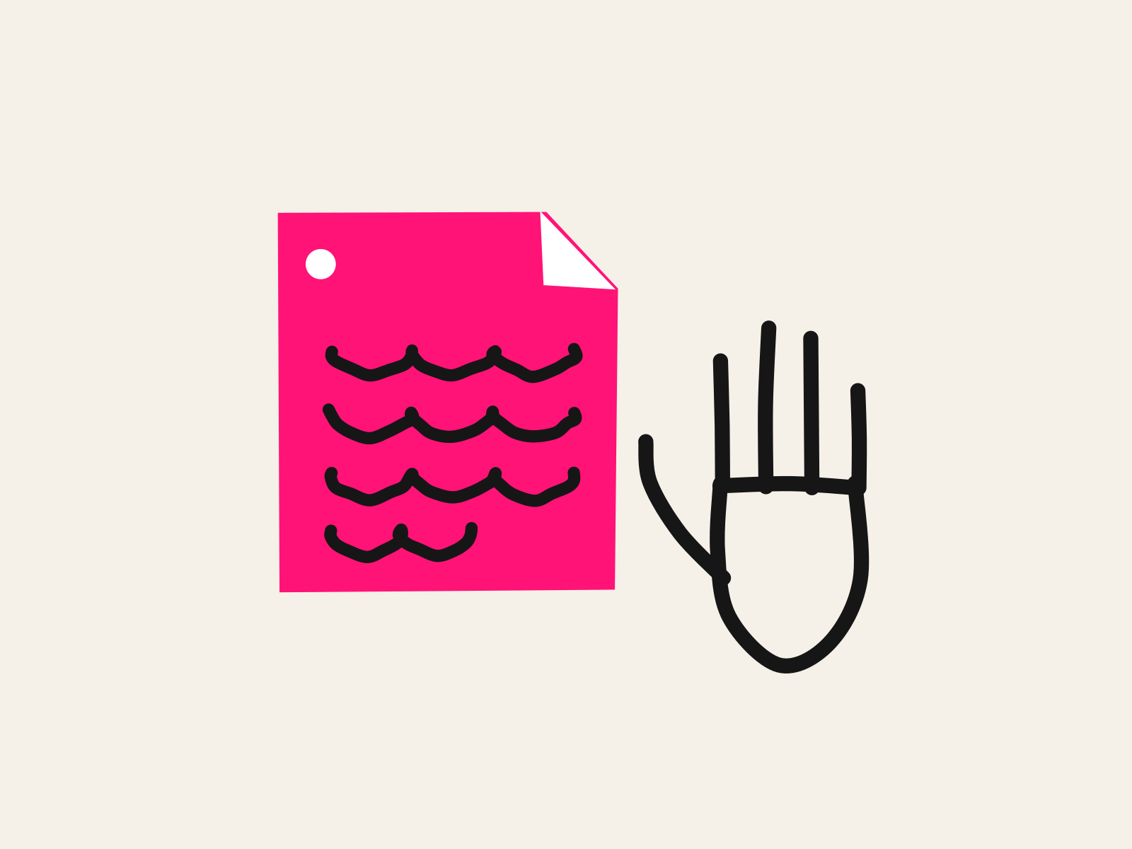 A pink cut-paper notepad page covered in black hand-drawn scribbled lines sits beside a thick black hand-drawn raised open palm, standing for taking notes only after everyone has agreed.