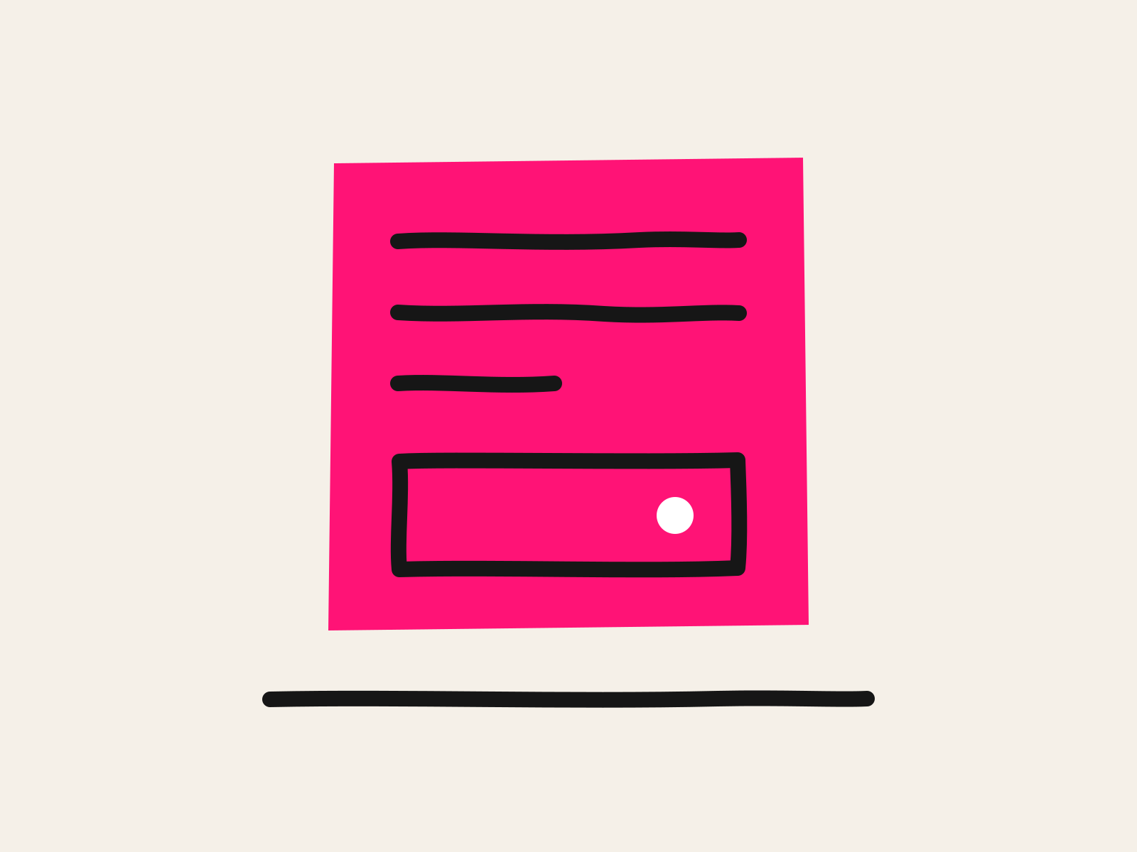 A pink card with three black hand-drawn lines of writing and, beneath them, an empty black outlined box holding a single white dot, standing for a record whose privacy field has never been filled in.