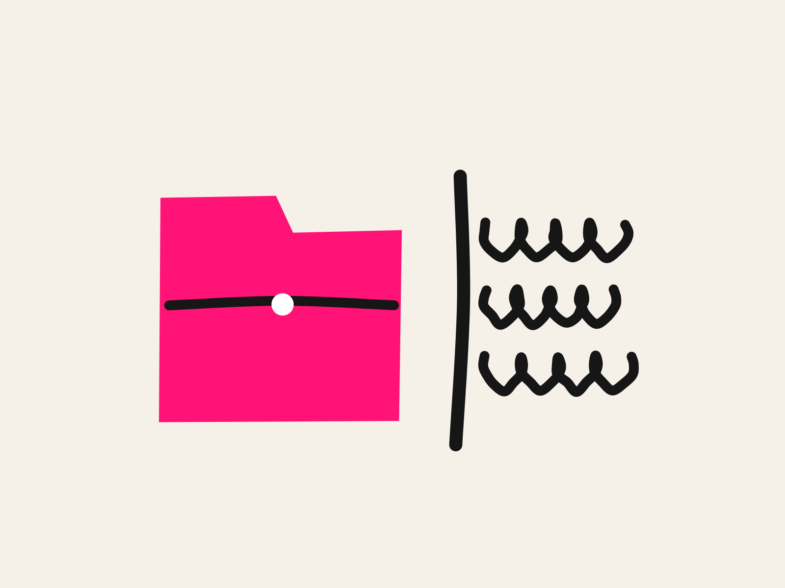 A sealed pink cut-paper student file stands behind a thick black hand-drawn vertical line, with three scribbled lines of writing running in from the right and stopping dead at it, standing for the drafting AI can do for a school psychologist and the file and the decision it must not reach.